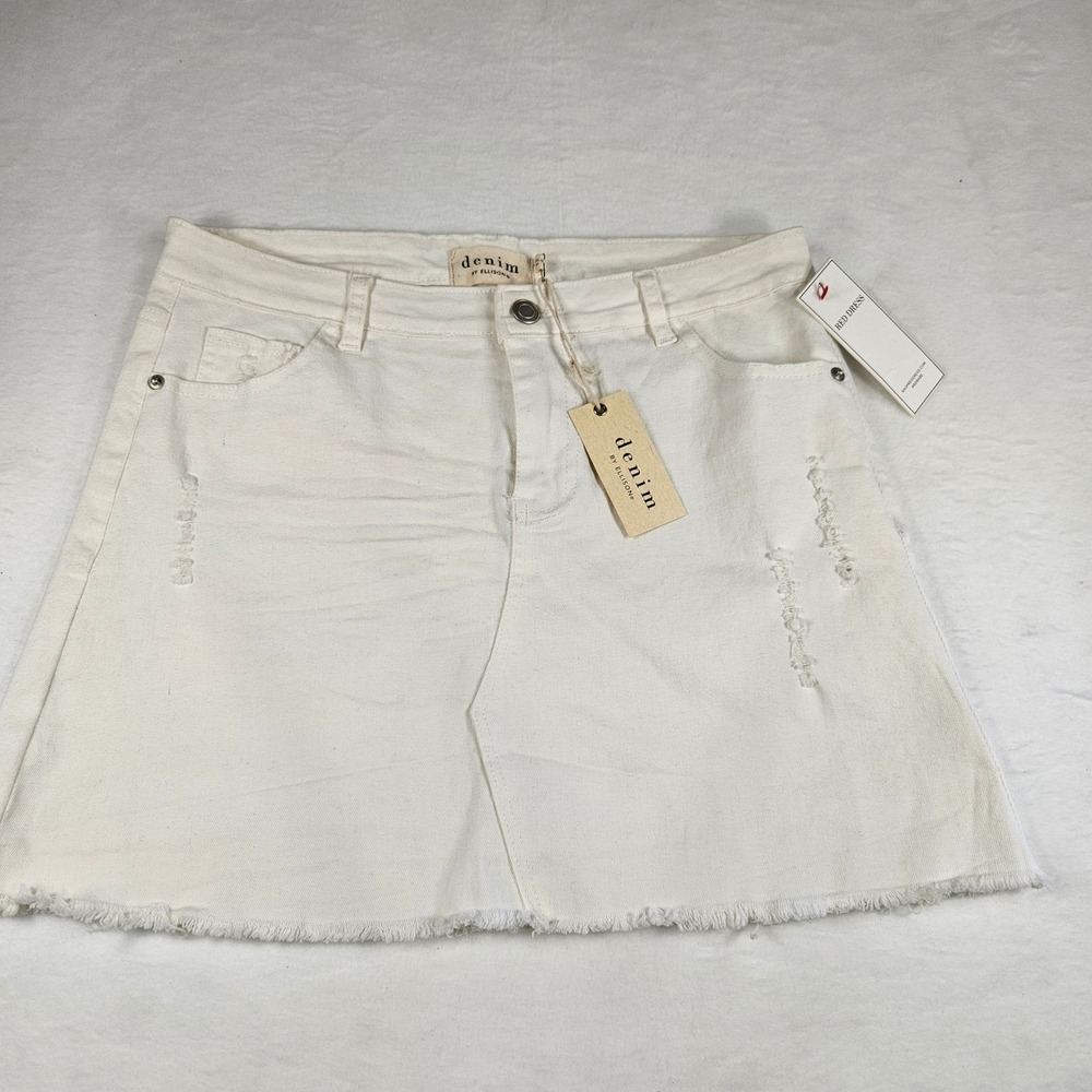 Denim by Ellison White Distressed Mini Skirt Frayed Raw Hem Size Large NWT